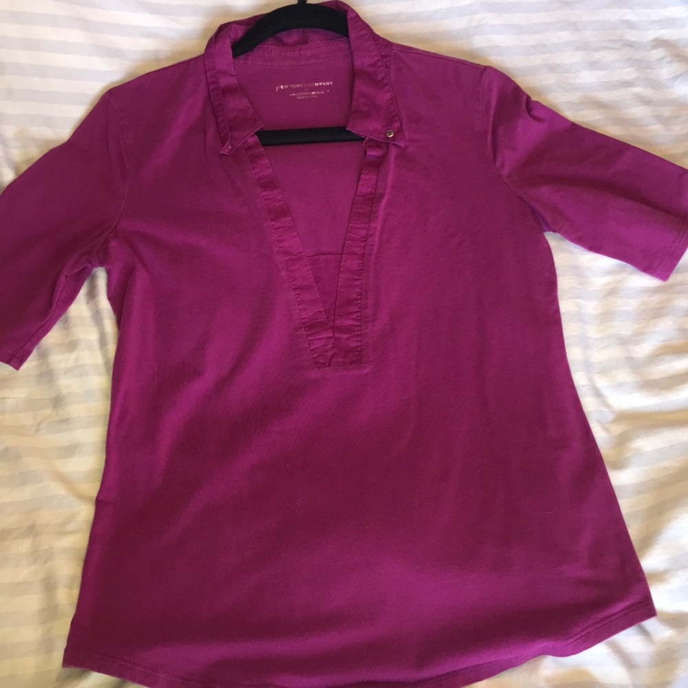 Fuschia New York & Co Collared Top w/ 3/4 Sleeves